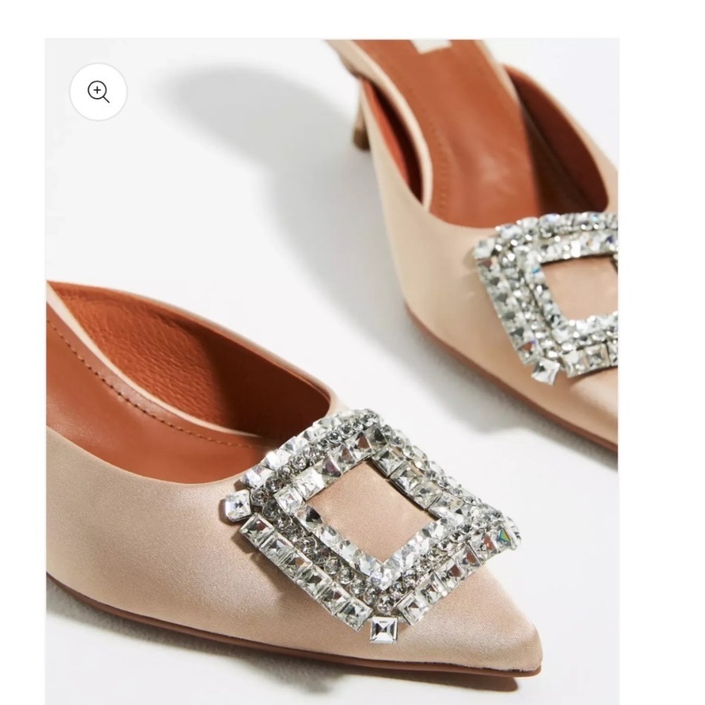 Bibi Lou Heel In Cream Raffia Crystal Buckle Kitten Heel Mules Pointed Toe 7.5 - Picture 14 of 16